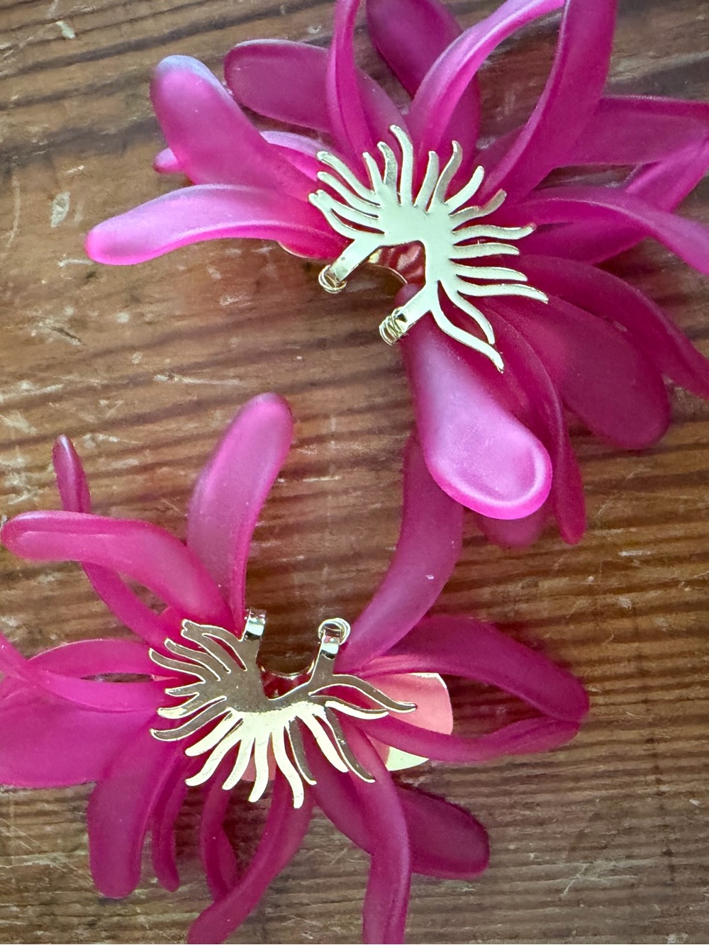 Fuchsia Flower Earrings with Gold Sunburst Accents